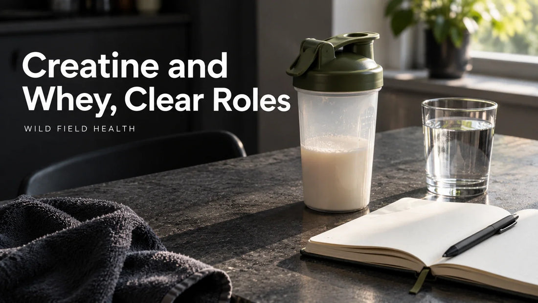 A shaker, water glass and open notebook beneath the words Creatine and Whey, Clear Roles.