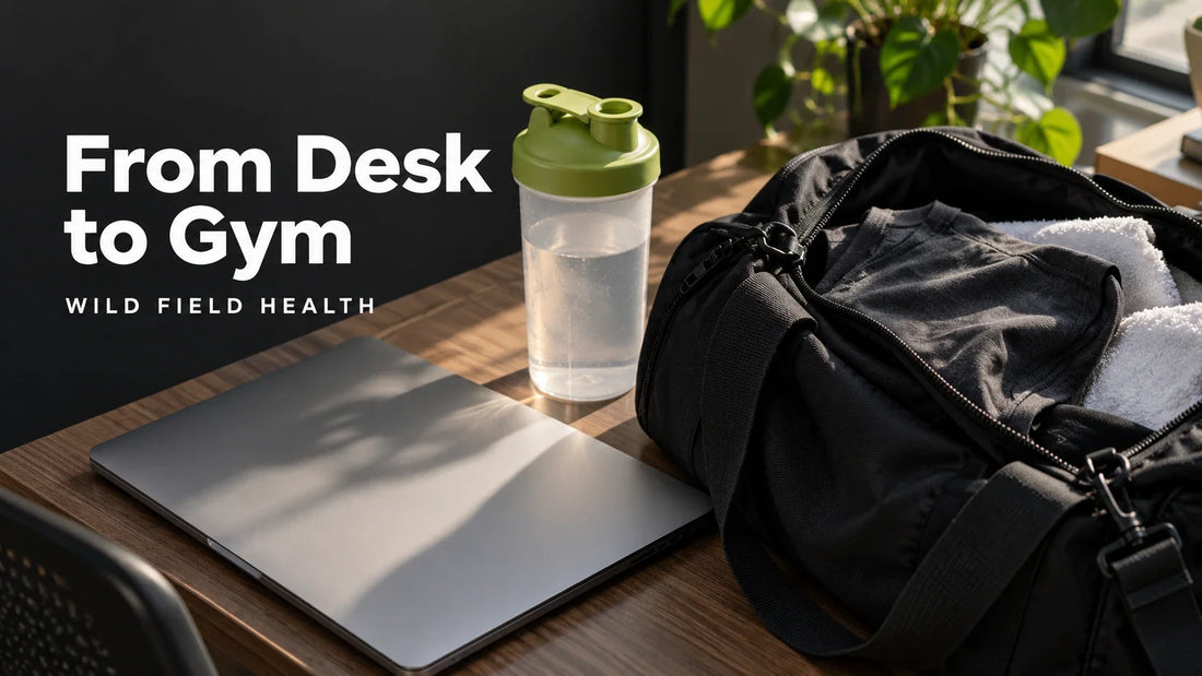 A laptop, lime-lidded shaker and training bag on an office desk beneath the words From Desk to Gym.